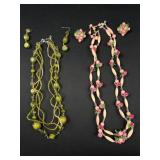 Vintage Green Bead & Pink Floral Jewelry Set