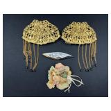 Gold Tone Filigree Scarf Holders w/ Vintage Brooch