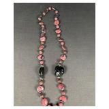 Rhodonite Bead Necklace w/ Carved Black Pendant