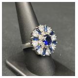 Sterling Silver Blue Center Halo Statement Ring