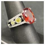 Sterling Silver Red Gemstone Ring w/ Side Stones