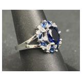 Sterling Silver Oval Blue Stone Halo Ring