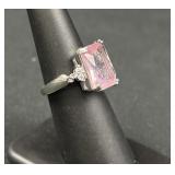 Sterling Silver Pink Emerald Cut Stone Ring