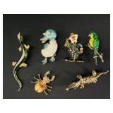 Vintage Animal Brooches inc Lizard, Duck & Parrot