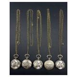 5 Pocket Watches w/ Chains Hunting & Skull Designs