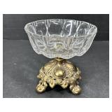 Pressed Glass Bowl with Ornate Brass Base