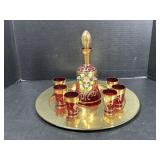 Ruby Glass Decanter Set with 6 Glasses & Tray