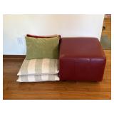Red Leather Footrest & Throw Pillows