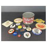 Political Pins & Butternut Coffee Tin Set
