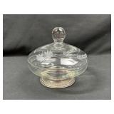 Sterling Silver Base Etched Glass Dish with Lid
