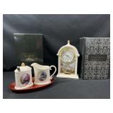 Thomas Kinkade sugar & creamer set and clock