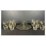 8 Wheat Glasses & Gold Rim Serving Tray