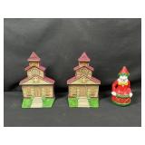 2 Church Cast Iron Door Stops and Pinocchio Bank