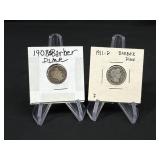 (2) Barber Dimes 1911D and 1908S