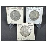 (3) 1957D, 1948D, 1949S Franklin Silver Half