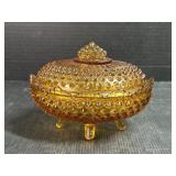 Amber Glass Hob Nail Footed Dish with Lid