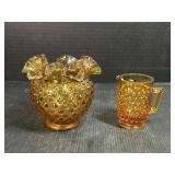 Amber Glass Hob Nail Vase and Small Pitcher