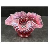 Vintage Cranberry Hobnail Ruffled Glass Bowl