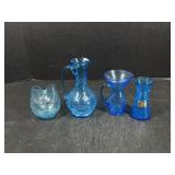 4 Blue Crackle Glass Mini Pitchers & Vases