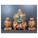 Marbled Resin Clock & Owl Figurines Set