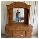 Pine Finish Dresser with Mirror & Storage