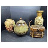 Decorative Teapot, Vases & Wicker Box