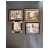 Lot of three prints and one painting. Largest