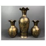 3 Etched Brass Style Vases with Floral Design