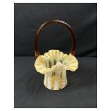 Fenton Art Glass Fluted Basket With Amber Handle