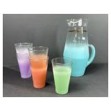 Pastel Frosted Glass Pitcher & 4 Tumblers
