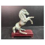 Rearing Horse Sculpture on Wood Base