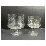 Etched Glass Pedestal Bowls Hand Engraved by