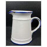 White Enamelware Pitcher with Blue Trim