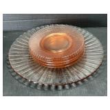 Pink Depression Glass serving platter and 6