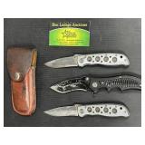 3 Folding Knives & Leather Belt Sheath