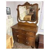 Vintage Antique Oak Serpentine Dresser w/ Mirror