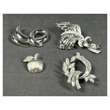 4 Silver Tone Brooches