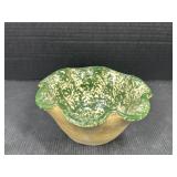 Vintage Green Spongeware Scalloped Pottery Bowl