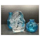 Glassware Angel Paperweight and Blue Vases