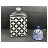 Decorative Ceramic Canister & Blue Pottery Bell