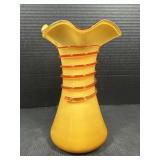 Hand Blown Amber Art Glass Ruffled Vase