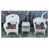 White Wicker Rocker, Chair, and Small Table