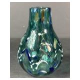 6' Signed Teal Multicolor Art Glass Vase