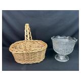 Basket and Large Glass Pedestal Bowl