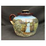 Hand Painted Girl at Well Stoneware Jug with Lid