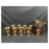 Amber Glass with Carnival Glaze Pitcher and Glass