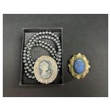 Cameo Jewelry with Beaded Necklace & Brooch