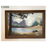 Framed Mountain Lake Cabin Landscape Painting