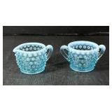 Vintage Blue Opalescent Hobnail Cream & Sugar Set
