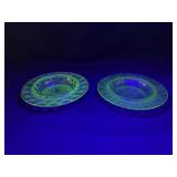 2 Uranium Glass Round Butter Dishes